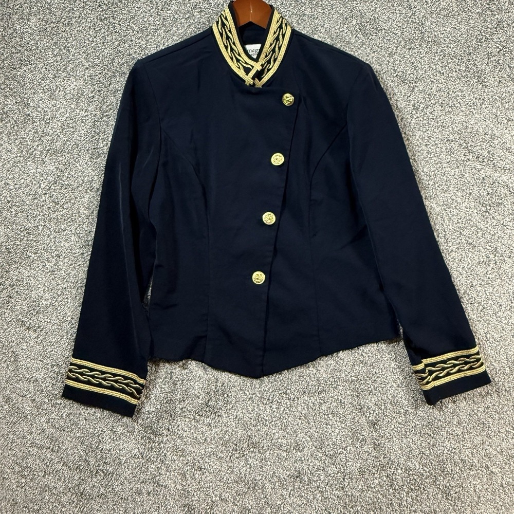 Vintage Lew Magram Military Jacket Women 12 Navy Gold Trim USA Blazer